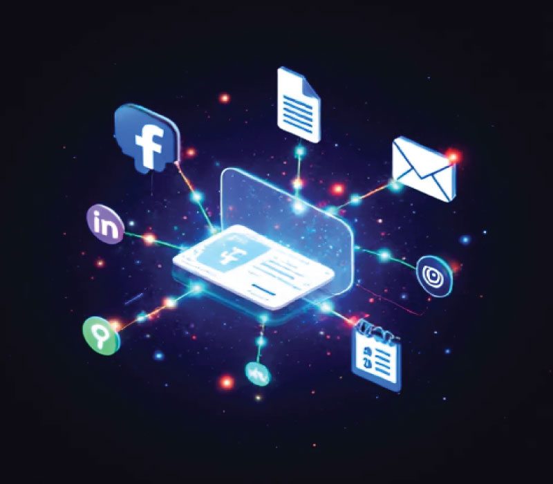 تصویر نمادین ارتباط کارت ویزیت دیجیتال با ابزارهای ایمیل مارکتینگ، شبکه‌های اجتماعی و CRM، با آیکون‌های مرتبط و خطوط اتصال، روی پس‌زمینه تک‌رنگ هماهنگ و حرفه‌ای.