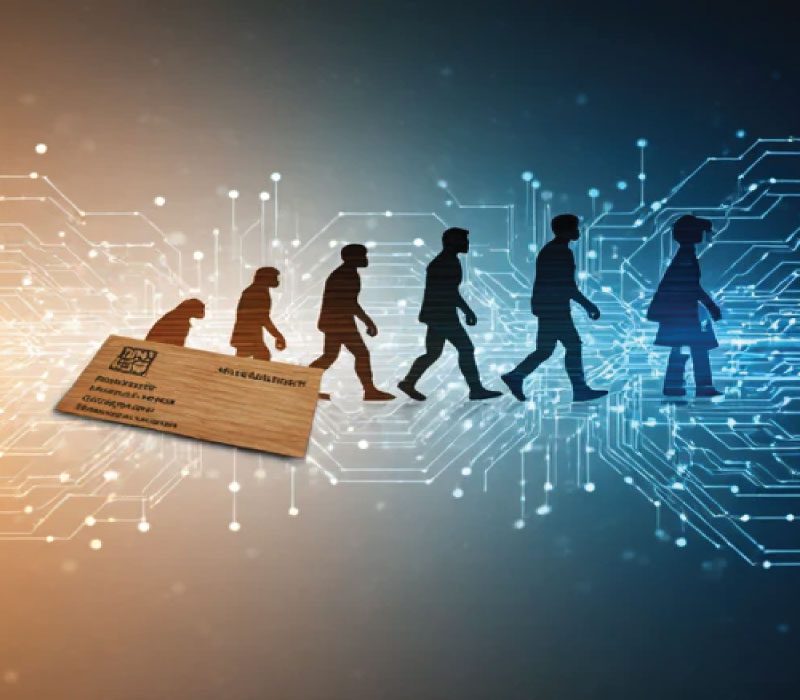 تصویری تاریخی و مفهومی از تکامل کارت ویزیت از کارت‌های کاغذی سنتی قرن پانزدهم در چین باستان تا کارت ویزیت هوشمند دیجیتال با فناوری‌های نوین مثل QR کد و NFC، روی پس‌زمینه تک‌رنگ حرفه‌ای.