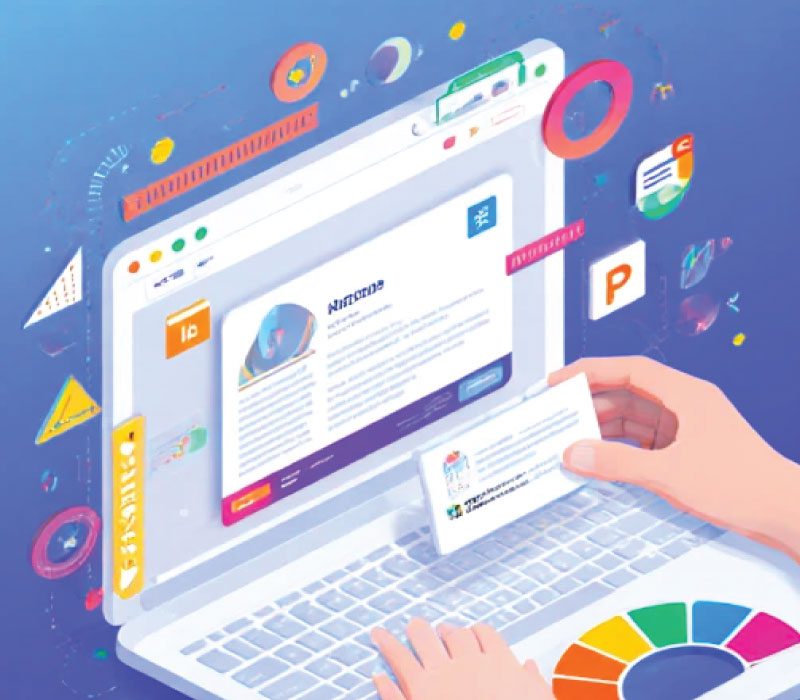 تصویر کارت ویزیت دیجیتال در حال طراحی روی صفحه نمایش یا قالب‌های آماده آنلاین، همراه با آیکون‌های ابزارهای معروف طراحی مانند Canva و Adobe Express، روی پس‌زمینه تک‌رنگ ملایم.