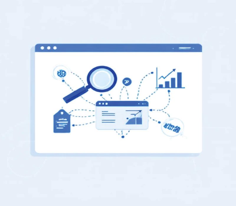 تصویر نمادین بهینه‌سازی سئو با آیکون‌های گوگل، لینک‌ها و کلمات کلیدی مرتبط با کارت ویزیت دیجیتال، روی پس‌زمینه تک‌رنگ رسمی و ساده.